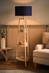 ValueLights Hiru Painted Cream 3 Tier Wooden Shelf Floor Lamp with Drum Lamp Shade in Navy - thumbnail 2