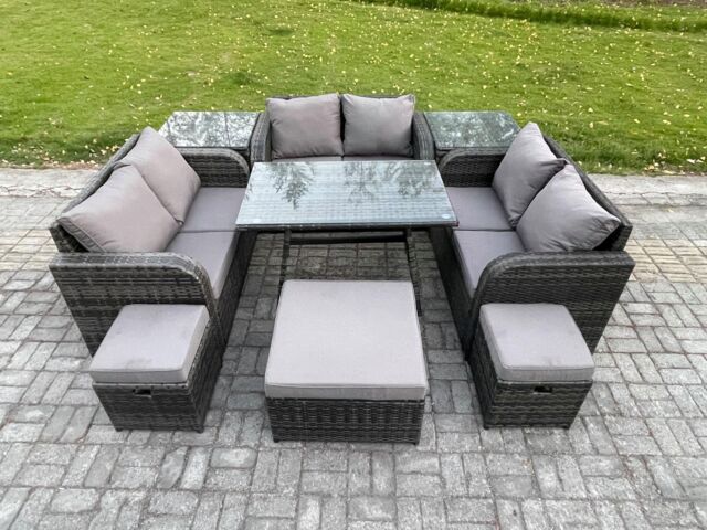 Fimous Outdoor Rattan Garden Furniture Set Patio Love Sofa Set with Rectangular Dining Table 3 Footstools 2 Side Tables Dark Grey Mixed - image 1