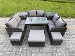 Fimous Outdoor Rattan Garden Furniture Set Patio Love Sofa Set with Rectangular Dining Table 3 Footstools 2 Side Tables Dark Grey Mixed - thumbnail 1
