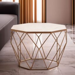 Orsina Octagon White Marble Coffee Table, Luxe Geometric Marble Top Table With Golden Iron Base in Gold