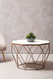 Orsina Octagon White Marble Coffee Table, Luxe Geometric Marble Top Table With Golden Iron Base in Gold - thumbnail 2