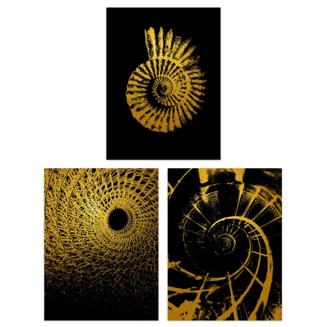 Artery8 Wall Art Print Pack of 3 A4 Abstract Spiral Shapes Chain Link Shell Staircase Gold Effect On Black Living Room s Set - image 1