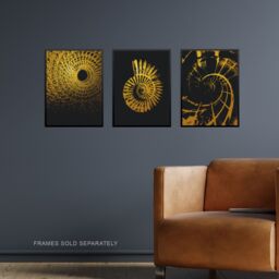 Artery8 Wall Art Print Pack of 3 A4 Abstract Spiral Shapes Chain Link Shell Staircase Gold Effect On Black Living Room s Set - thumbnail 2