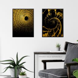 Artery8 Wall Art Print Pack of 3 A4 Abstract Spiral Shapes Chain Link Shell Staircase Gold Effect On Black Living Room s Set - thumbnail 6