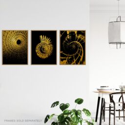 Artery8 Wall Art Print Pack of 3 A4 Abstract Spiral Shapes Chain Link Shell Staircase Gold Effect On Black Living Room s Set - thumbnail 3