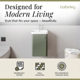 Balterley Modern Bathroom Wall Hung 1 Door Vanity Unit Basin, Satin Green, 405mm in Green - thumbnail 3