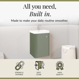 Balterley Modern Bathroom Wall Hung 1 Door Vanity Unit Basin, Satin Green, 405mm in Green - thumbnail 2