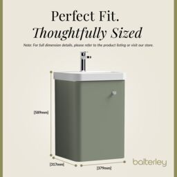 Balterley Modern Bathroom Wall Hung 1 Door Vanity Unit Basin, Satin Green, 405mm in Green - thumbnail 5