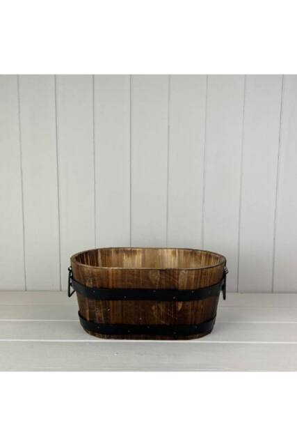 KDMD Wooden Oval Planter with 2 Metal Bands & Handles in Brown - image 1