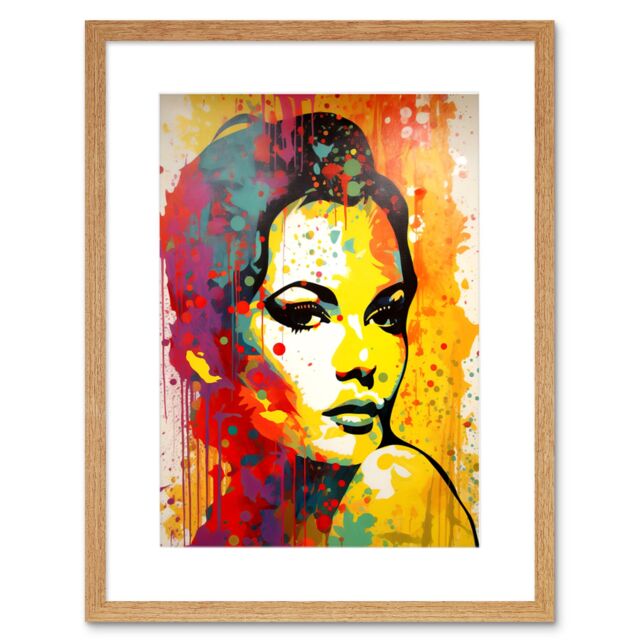 "Artery8 Wall Art Print Female Portrait Vibrant Modern Paint Bright Retro Glam Linocut Teen Room Artwork Framed 9X7 Inch in Beige - Size: W7"" x H9""" - image 1