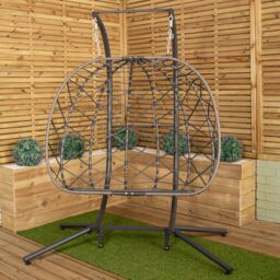 Samuel Alexander 2 Seater Hanging Garden Rattan Egg Chair with Steel Frame & Waterproof Cover in Grey - thumbnail 6