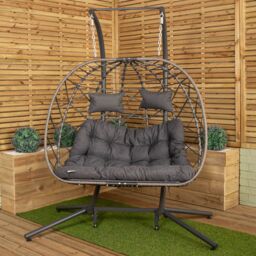 Samuel Alexander 2 Seater Hanging Garden Rattan Egg Chair with Steel Frame & Waterproof Cover in Grey - thumbnail 2