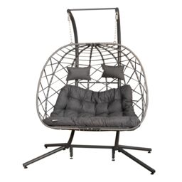 Samuel Alexander 2 Seater Hanging Garden Rattan Egg Chair with Steel Frame & Waterproof Cover in Grey - thumbnail 1