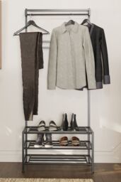 FWStyle 3 Tier Black Metal Hallway Coat & Shoe Rack With Rail - thumbnail 2