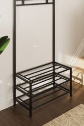 FWStyle 3 Tier Black Metal Hallway Coat & Shoe Rack With Rail - thumbnail 3
