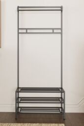 FWStyle 3 Tier Black Metal Hallway Coat & Shoe Rack With Rail - thumbnail 4