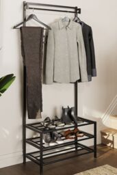 FWStyle 3 Tier Black Metal Hallway Coat & Shoe Rack With Rail - thumbnail 1
