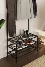 FWStyle 3 Tier Black Metal Hallway Coat & Shoe Rack With Rail - thumbnail 5