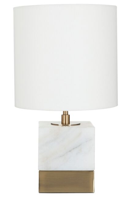 Orsina White Marble Accent Lamp With Cream Shade, Modern Table Lamp With Brass Finish Base, Marble Block Lamp - image 1
