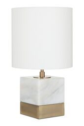 Orsina White Marble Accent Lamp With Cream Shade, Modern Table Lamp With Brass Finish Base, Marble Block Lamp - thumbnail 2