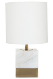 Orsina White Marble Accent Lamp With Cream Shade, Modern Table Lamp With Brass Finish Base, Marble Block Lamp