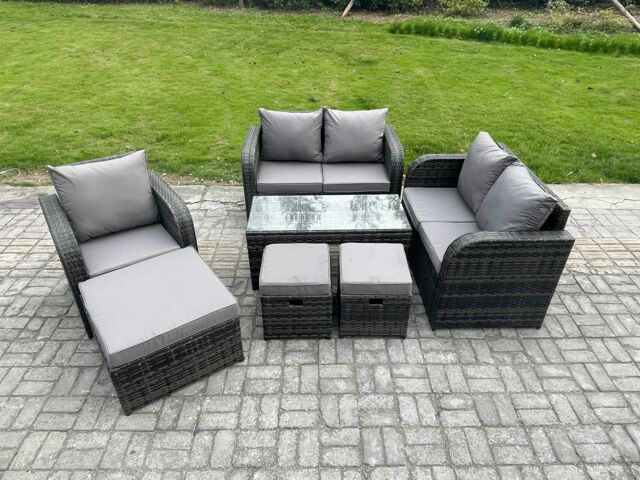 Fimous Rattan Outdoor Garden Furniture Sofa Set Patio Table & Chairs Set with 3 Footstools Dark Grey Mixed - image 1