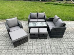 Fimous Rattan Outdoor Garden Furniture Sofa Set Patio Table & Chairs Set with 3 Footstools Dark Grey Mixed - thumbnail 1
