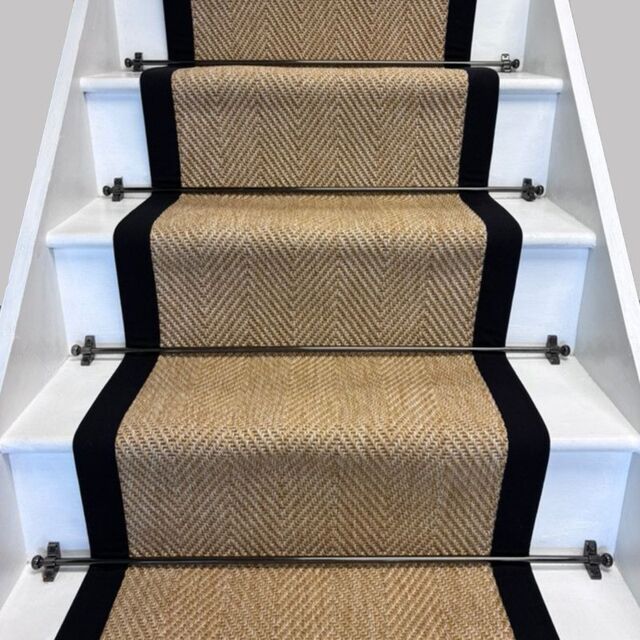 RainbowHome Herringbone New England Beige Stair Runner with Black Cotton Border - Size: 65 cm x 700 cm - image 1