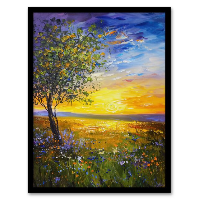 "Artery8 Tree Wildflower Meadow at Sunset Oil Painting Framed Art Print - Size: W12"" x H16""" - image 1
