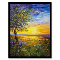 "Artery8 Tree Wildflower Meadow at Sunset Oil Painting Framed Art Print - Size: W12"" x H16""" - thumbnail 1