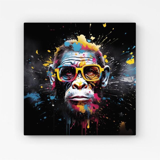 Warren Reed - Designer Coloured Splashart Monkey Face with Glasses Canvas in Blue - Size: w10 inch x h10 inch - image 1