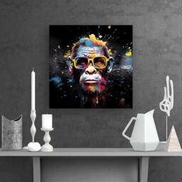 Warren Reed - Designer Coloured Splashart Monkey Face with Glasses Canvas in Blue - Size: w10 inch x h10 inch - thumbnail 2