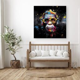 Warren Reed - Designer Coloured Splashart Monkey Face with Glasses Canvas in Blue - Size: w10 inch x h10 inch - thumbnail 3
