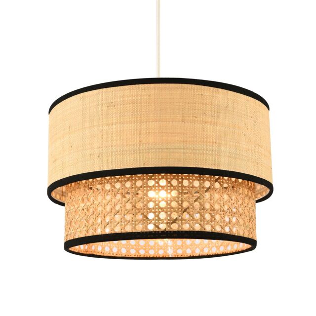 Happy Homewares Modern Double Tier Real Natural Rattan Pendant Shade with Black Trims in Brown - image 1