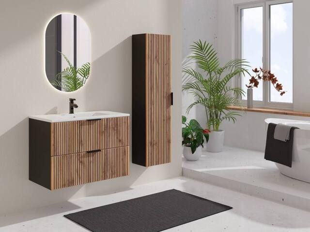 Vente-unique Fluted Wall-Hung Bathroom Unit With Inset Basin & Tall Unit - Light in Black - image 1
