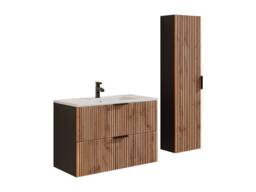 Vente-unique Fluted Wall-Hung Bathroom Unit With Inset Basin & Tall Unit - Light in Black - thumbnail 2