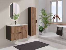 Vente-unique Fluted Wall-Hung Bathroom Unit With Inset Basin & Tall Unit - Light in Black