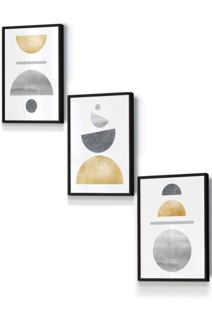 ARTZE Golden Yellow & Grey Abstract Mid Century Geometric Framed Wall Art - Small in Black - Size: W33 cm x H45 cm x D20mm - image 1