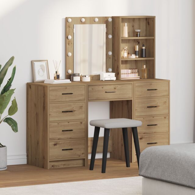 Berkfield Home 3-Piece Dressing Table Set with LED in Artisan Oak Engineered Wood in Brown - image 1