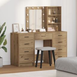 Berkfield Home 3-Piece Dressing Table Set with LED in Artisan Oak Engineered Wood in Brown - thumbnail 1