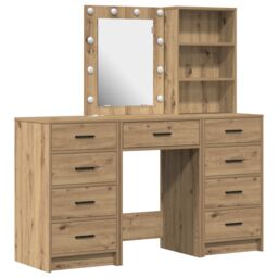 Berkfield Home 3-Piece Dressing Table Set with LED in Artisan Oak Engineered Wood in Brown - thumbnail 2