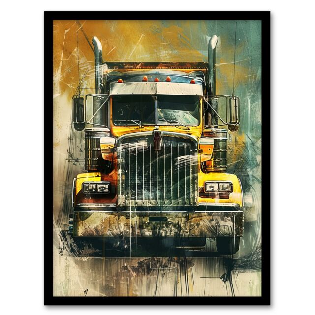 "Artery8 Yellow Long Haul Truck Front Modern Painting Framed Art Print - Size: W12"" x H16""" - image 1
