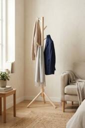 Living and Home 122cm Pine Wooden Coat Rack Garment Rack with 4 Hooks in Beige - thumbnail 3