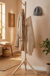 Living and Home 122cm Pine Wooden Coat Rack Garment Rack with 4 Hooks in Beige - thumbnail 5