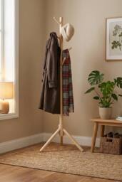 Living and Home 122cm Pine Wooden Coat Rack Garment Rack with 4 Hooks in Beige - thumbnail 8