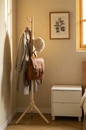 Living and Home 122cm Pine Wooden Coat Rack Garment Rack with 4 Hooks in Beige - thumbnail 6