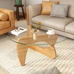 Costway Modern Coffee Table Glass Tabletop Center Table Triangle Accent Table in Natural - thumbnail 8