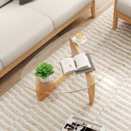 Costway Modern Coffee Table Glass Tabletop Center Table Triangle Accent Table in Natural - thumbnail 9
