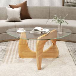 Costway Modern Coffee Table Glass Tabletop Center Table Triangle Accent Table in Natural - thumbnail 7