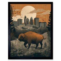 "Artery8 Wall Art Print Bison in Forest by Urban Cityscape Modern Landscape Art Framed in Black - Size: W12"" x H16""" - thumbnail 1